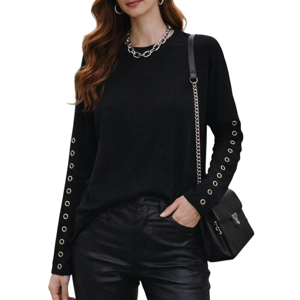 Carmen Marc Valvo Ring Sleeve Sweater Large Black Oversized Minimal Quiet Luxury